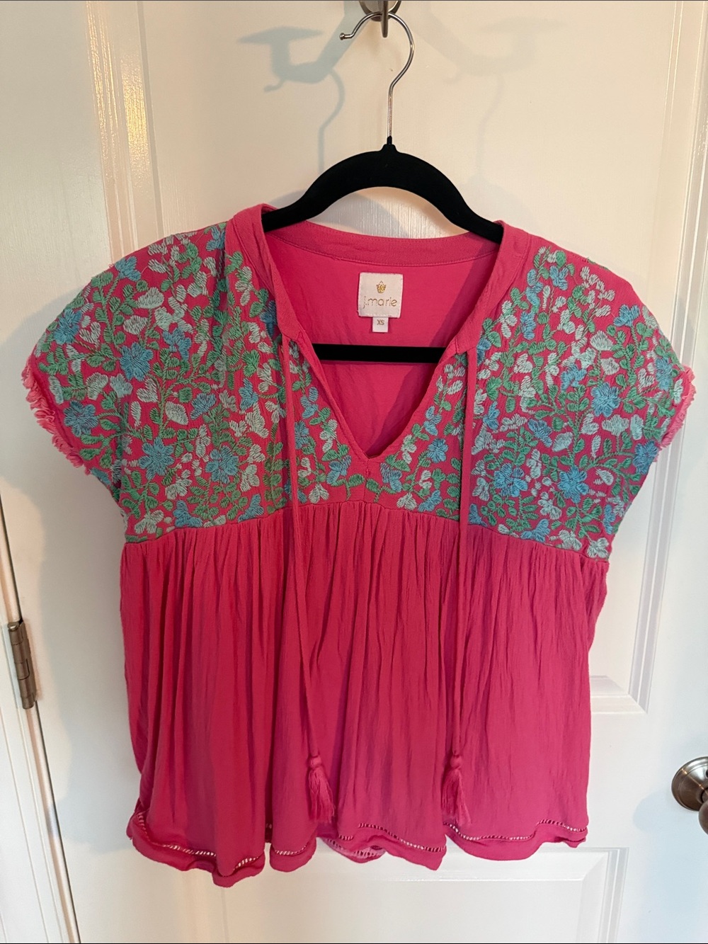J Marie Hot Pink Embroidered V-Neck Peasant Tunic